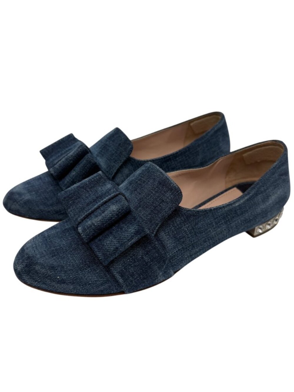 MIU MIU Denim Bow Crystal Heel Slippers Size 38
